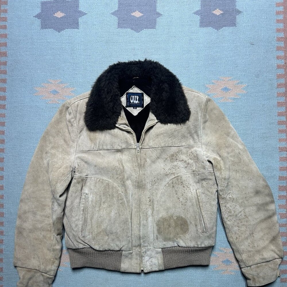 Vintage 80s suede leather trucker jacket bomber faux fur lined Oui mens large 44